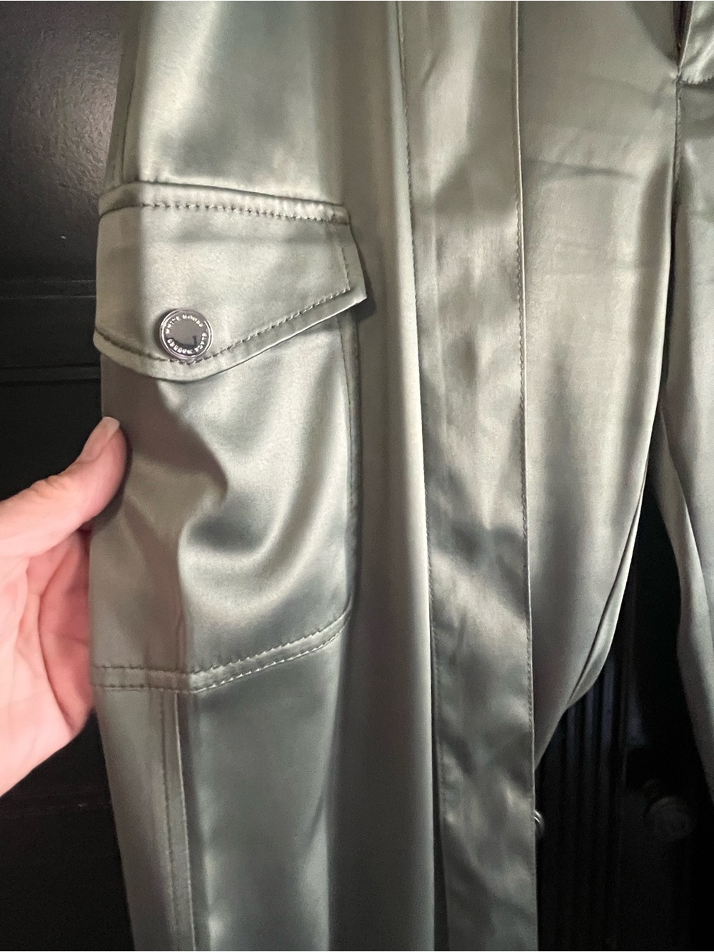 White House/Black Market Olive Satin Cargo Tapered Pants with Waist Tie - Picture 2 of 3